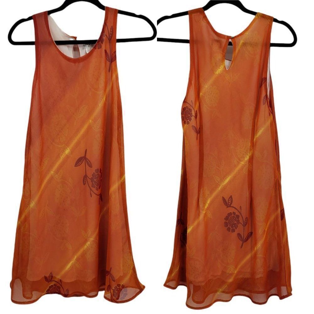 90's Vibrant Orange Floral Sheer Sleeveless Scoop Neck Swing Slip Dress Sz LP
